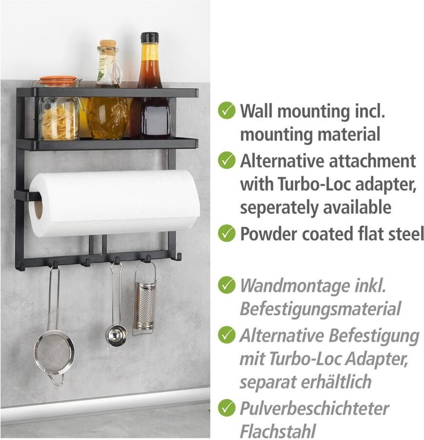 Wenko Keukenrek Model Gala met keukenrollenhouder & reling inclusief 6 haken industriële stijl (set) - Foto 3