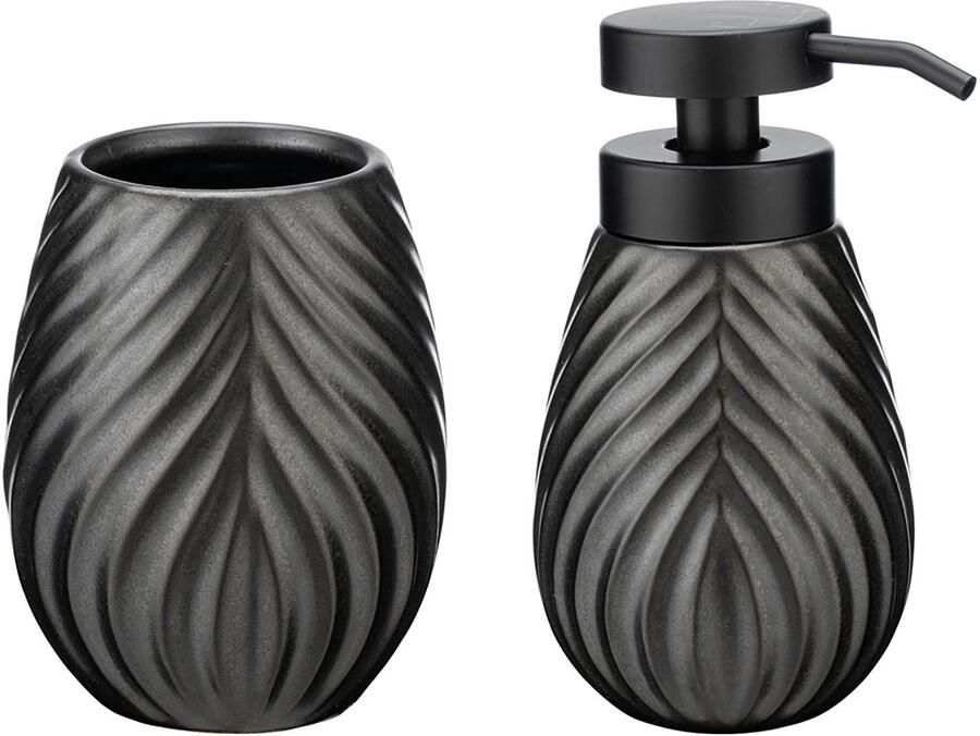 Wenko Set badkameraccessoires Model Idro antraciet Zeepdispenser en tandenborstelbeker van keramiek lijnstructuur (2-delig) - Foto 5