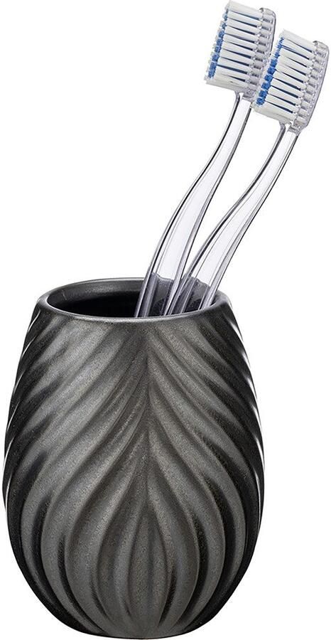 Wenko Set badkameraccessoires Model Idro antraciet Zeepdispenser en tandenborstelbeker van keramiek lijnstructuur (2-delig) - Foto 4