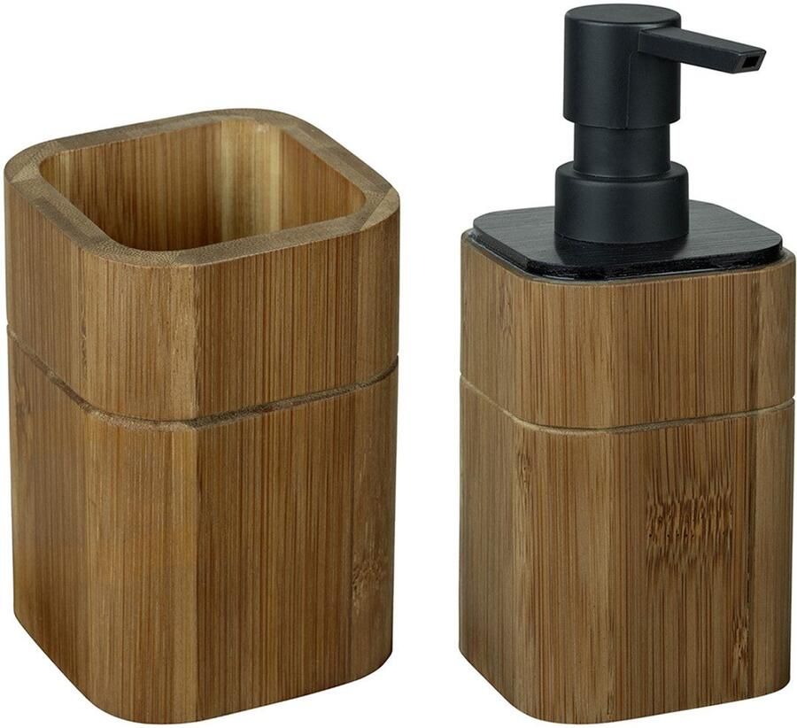 Wenko Set badkameraccessoires Model Serro Zeepdispenser en tandenborstelhouder van stevig bamboe (2-delig) - Foto 6