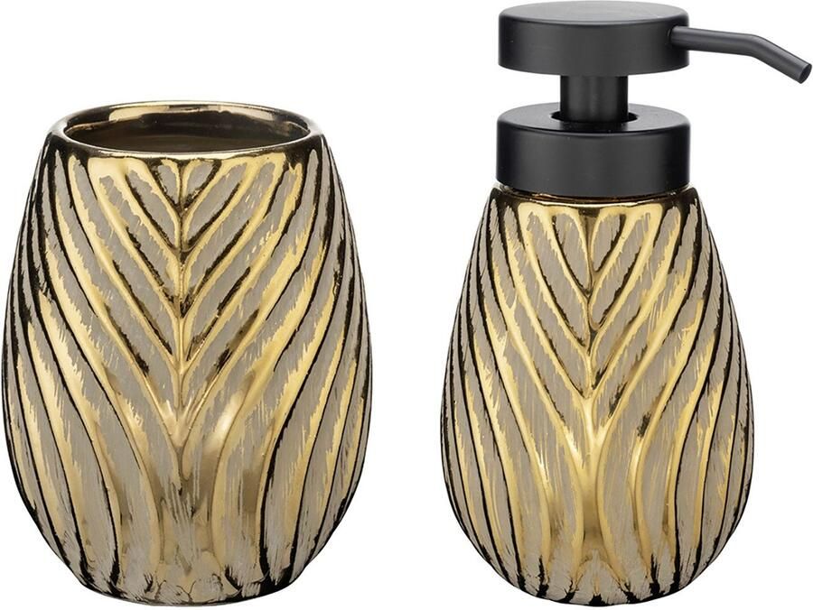 Wenko Set badkameraccessoires Modell Idro Gold Zeepdispenser en tandenborstelbeker keramiek lijnstructuur (2-delig) - Foto 4