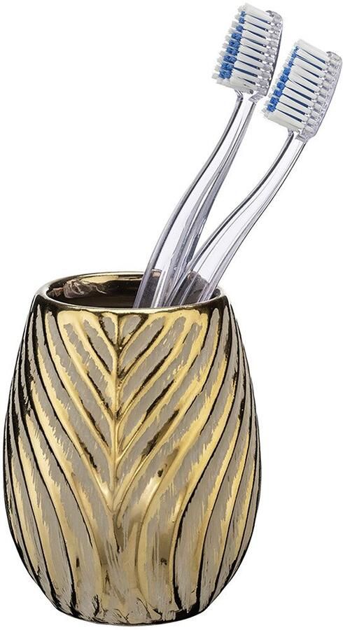 Wenko Set badkameraccessoires Modell Idro Gold Zeepdispenser en tandenborstelbeker keramiek lijnstructuur (2-delig) - Foto 3