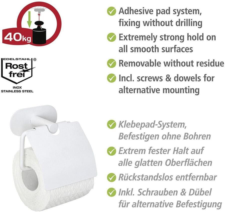Wenko Toiletrolhouder Turbo-Loc model Orea met deksel roestvrij staal bevestigen zonder boren - Foto 2