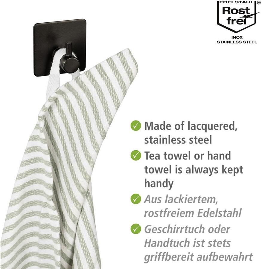 Wenko Wandhaak Model Ureo Keukenhaken voor handdoeken en vaatdoeken om te plakken roestvrij staal (set 4 stuks)