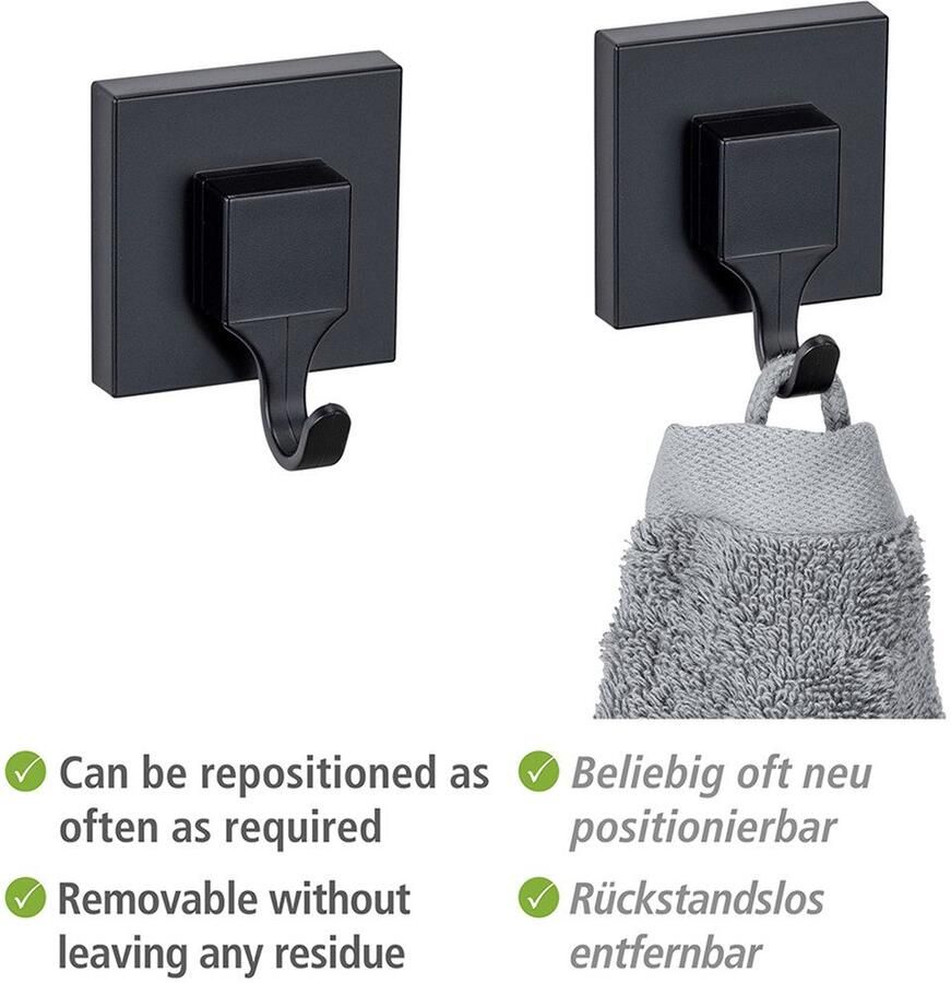 Wenko Wandhaak Vacuum-Loc model Quadro van kunststof voor handdoeken bevestiging zonder boren (set 2 stuks) - Foto 2