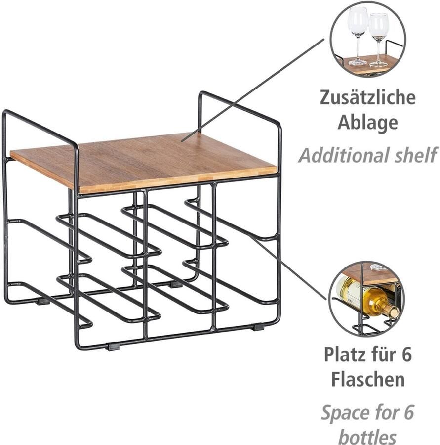 Wenko Wijnflessenhouder Model Loft Flessenrek voor 6 flessen met plank metaal en bamboe