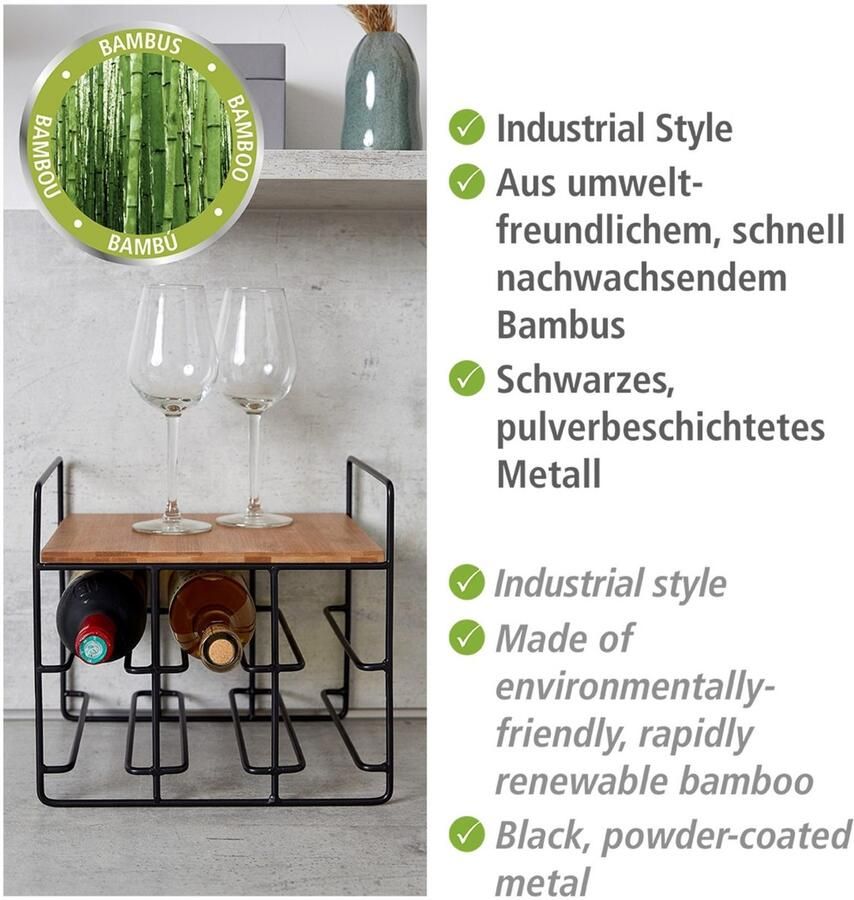 Wenko Wijnflessenhouder Model Loft Flessenrek voor 6 flessen met plank metaal en bamboe - Foto 4
