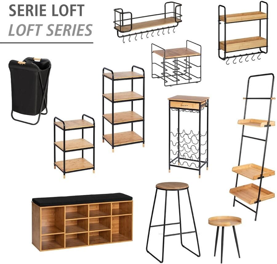 Wenko Wijnflessenhouder Model Loft Flessenrek voor 16 flessen met lade metaal en bamboe