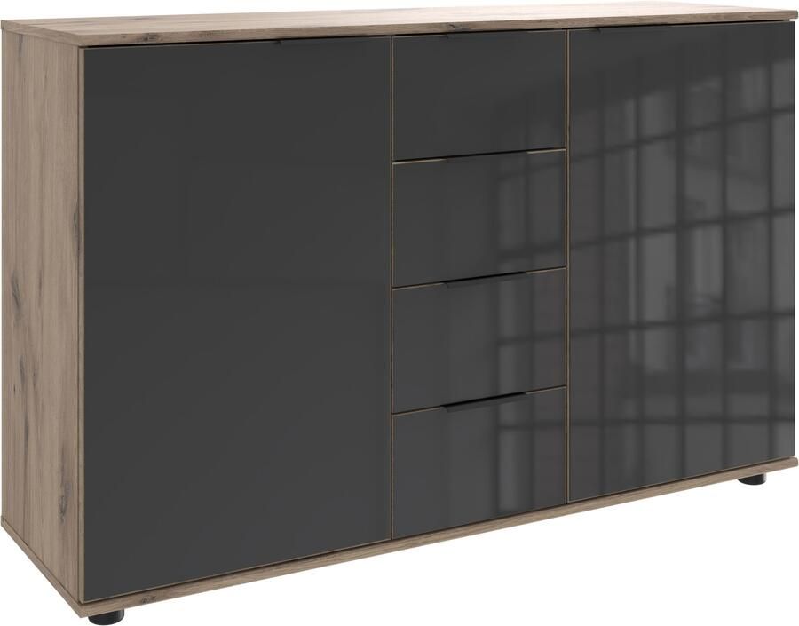 Wimex Kast met laden en deuren Leonberg sideboard 2-deurs met 4 lades met glazen front b d h 130 41 83 cm zwarte metalen handgrepen - Foto 8