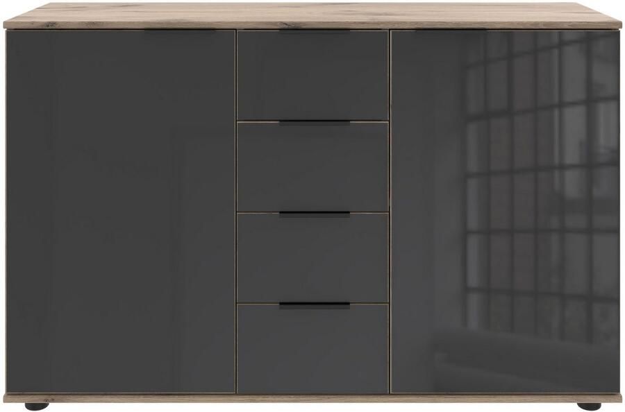 Wimex Kast met laden en deuren Leonberg sideboard 2-deurs met 4 lades met glazen front b d h 130 41 83 cm zwarte metalen handgrepen - Foto 4