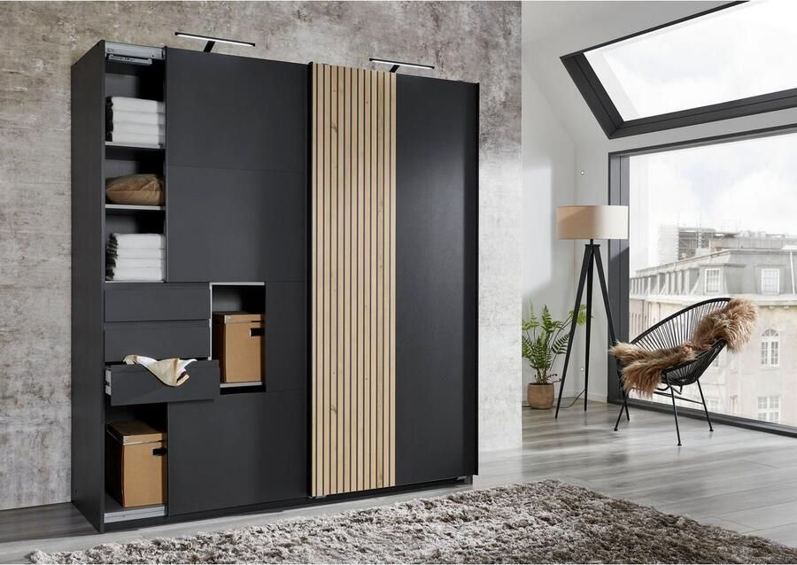 Wimex Schuifdeurkast Coburg kledingkast Made in Germany met akoestisch paneel uiterlijk of houtlook eikenkleur 180 cm breed - Foto 3