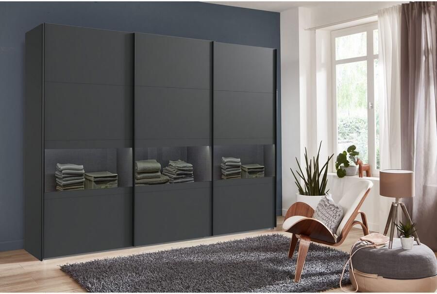 Wimex Schuifdeurkast Easy Plus kledingkast Made in Germany met glazen inzet rookglas vele breedtes beschikbaar zwarte handgrepen - Foto 8