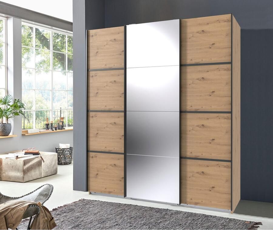 Wimex Schuifdeurkast Jork kledingkast met spiegel zwarte metalen handgrepen Kast in verschillende maten en binneninrichtingsvarianten - Foto 7