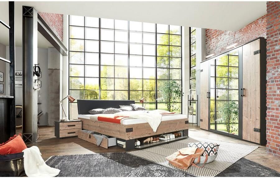 Wimex Slaapkamerserie Stockholm rustieke look in industrieel ontwerp 6-delig kledingkast met spiegel bed inclusief lades (set) - Foto 14