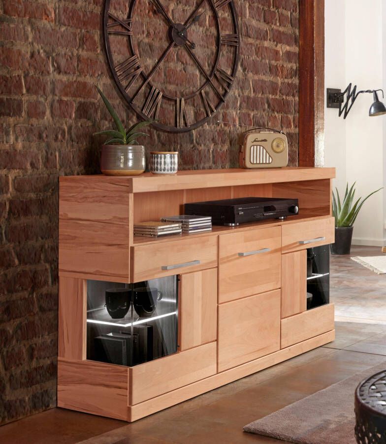 Home affaire Dressoir Ribe 130cm breed fronten massief hout 2 deuren met gehard glazen inzet - Foto 9