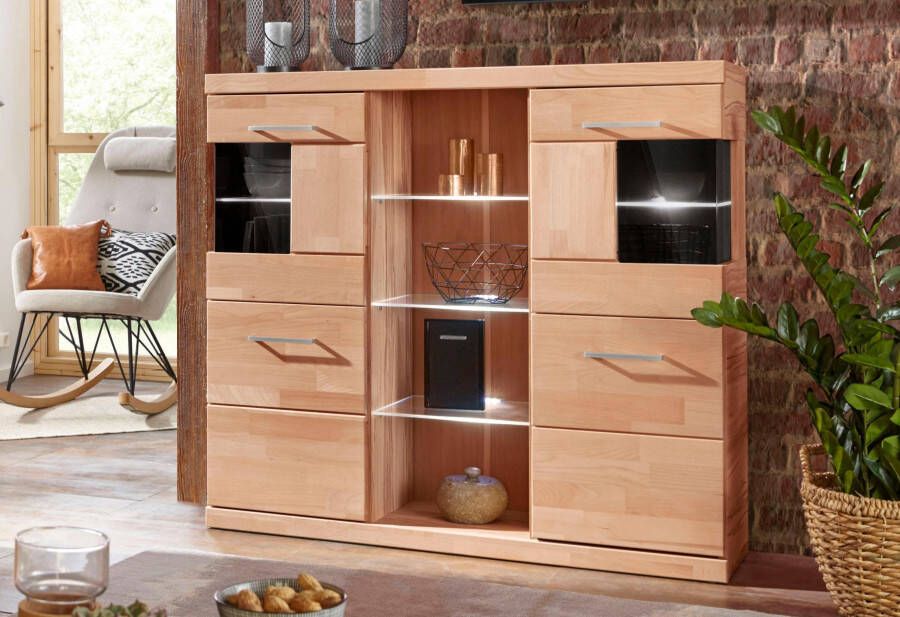 Home affaire Highboard Ribe 120cm breed 112cm hoog 12 vakken Hout massief houtmateriaal metalen handgrepen 2 deuren met glazen inzet - Foto 10