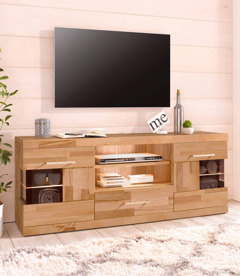Home affaire Tv-meubel Ribe 140cm breed fronten massief hout 6 vakken kabeldoorvoer Corpus houtmateriaal glazen inzet van gehard glas planken verstelbaar - Foto 11