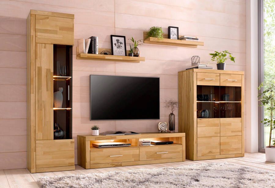 Home affaire Wandmeubel Ribe Set-5 st. Massieve bovenplaten veel opbergruimte Glazen inzet van gehard glas planken gedeeltelijk verstelbaar (set 5-delig) - Foto 9