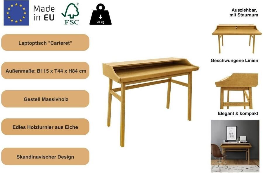 Woodman Bureau Carteret chique houtfineer van eiken frame massief hout breedte 115 cm - Foto 4