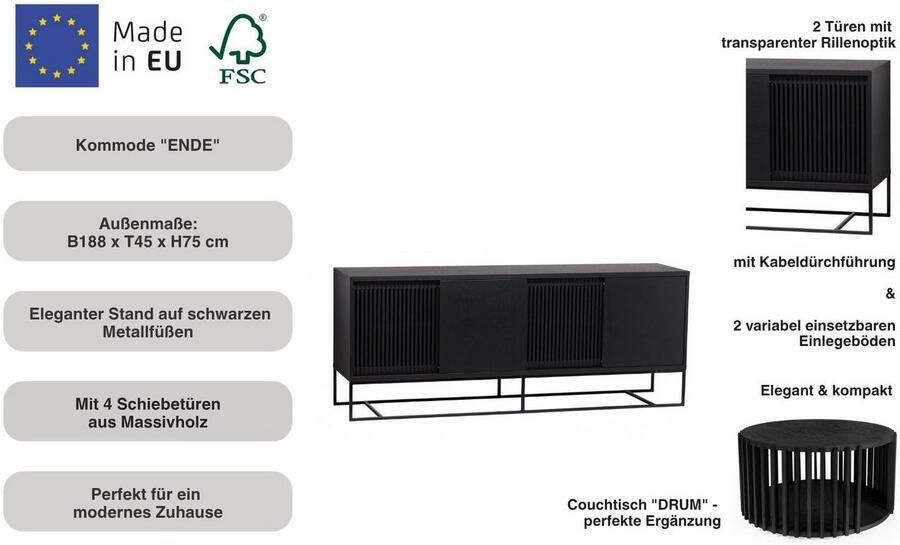Woodman Dressoir Ende Kast gedeeltelijk massief metalen voeten breedte 188 cm FSC - Foto 5