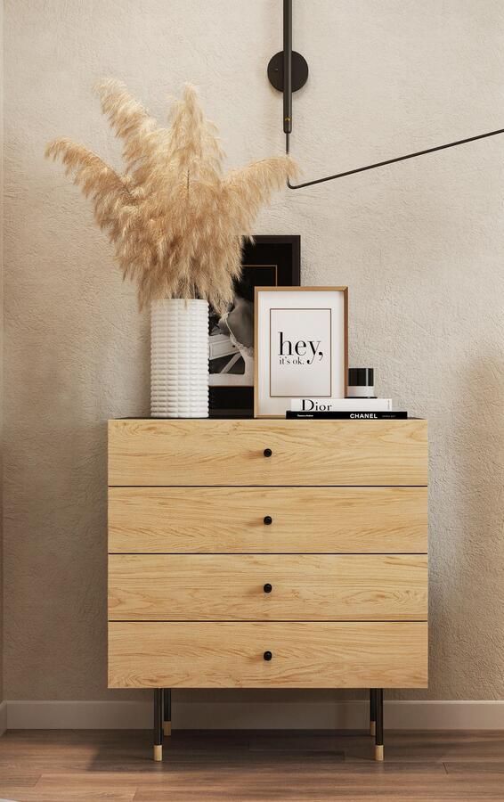 Woodman Kast Jeugd Echt houtfineer van eiken in 2 breedtes met lades metalen voeten - Foto 5