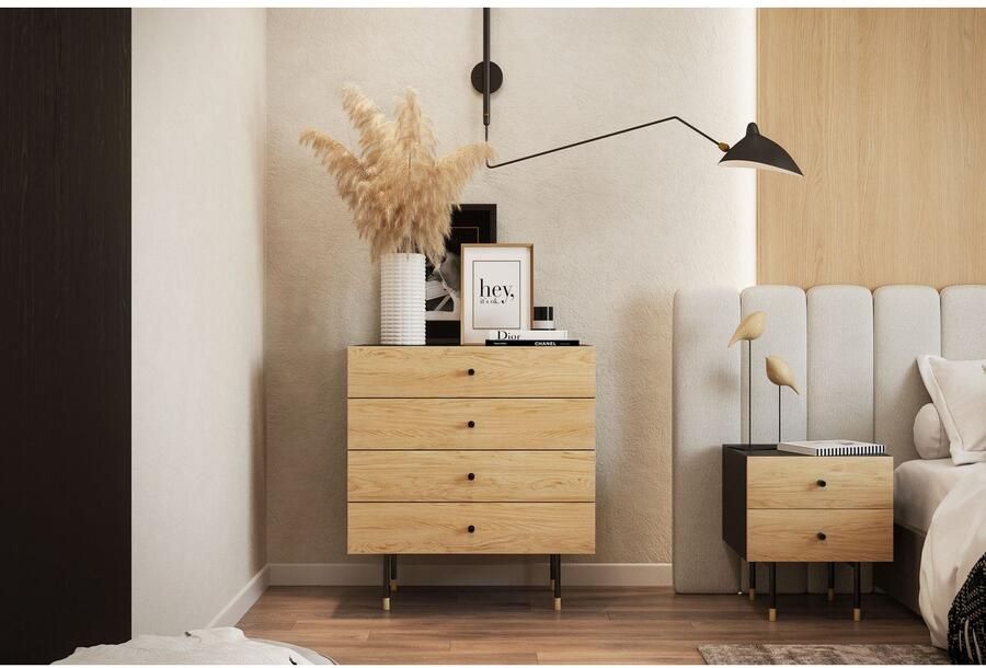 Woodman Kast Jeugd Echt houtfineer van eiken in 2 breedtes met lades metalen voeten - Foto 3