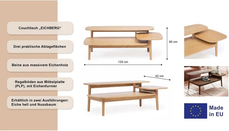 Woodman Salontafel Eichberg Salontafel Sofatisch Woonkamertafel met 3 verschillende niveaus breedte 120 cm fsc -gecertificeerd - Foto 7