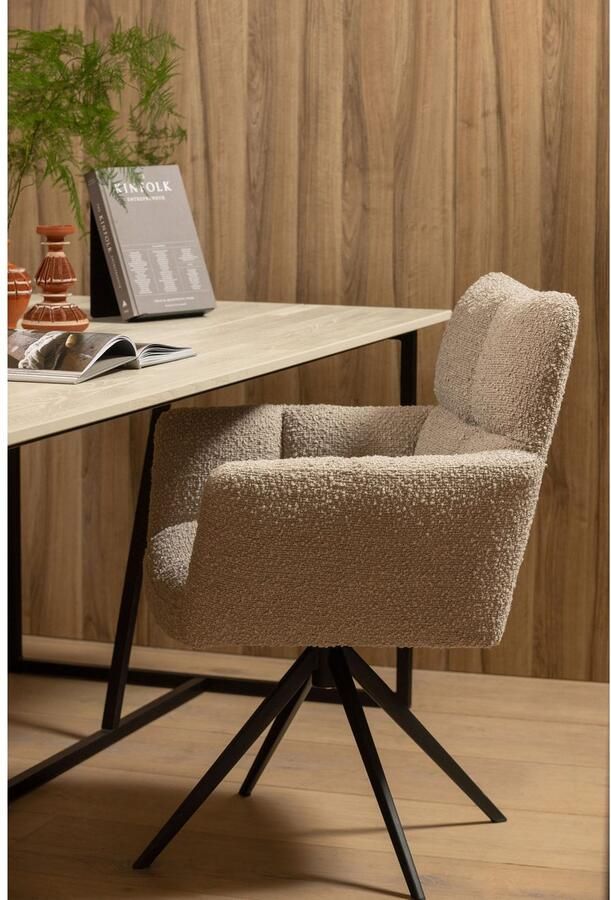 WOOOD Exclusive Draaibare Eetkamerstoel Vinny Bouclé met armleuning Zand - Foto 7