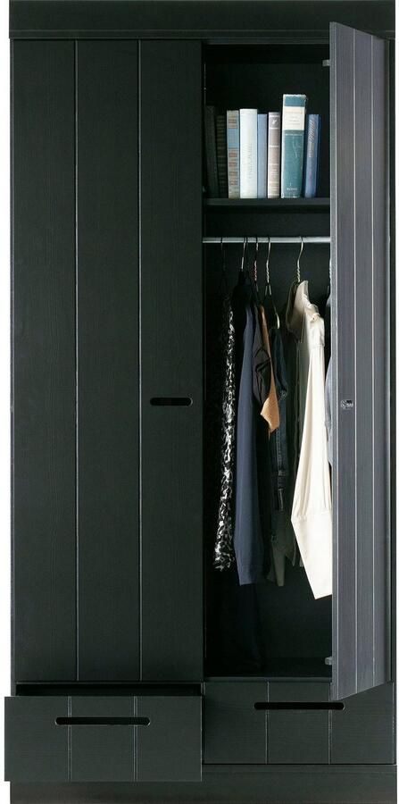 Woood Connect Kledingkast H 195 x B 94 x D 53 cm Lades Plank en Roede Zwart - Foto 7