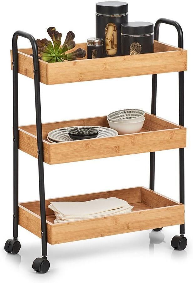 Zeller Present Decoratieve plank Bijzetwagen bamboe metaal zwart (1 stuk) - Foto 2