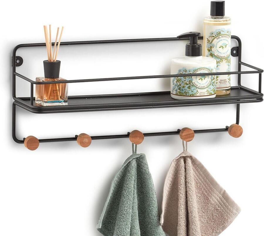 Zeller Present Decoratieve plank Wandrek m. haak metaal hout zwart Industrieel ontwerp met warme houten elementen (1 stuk)