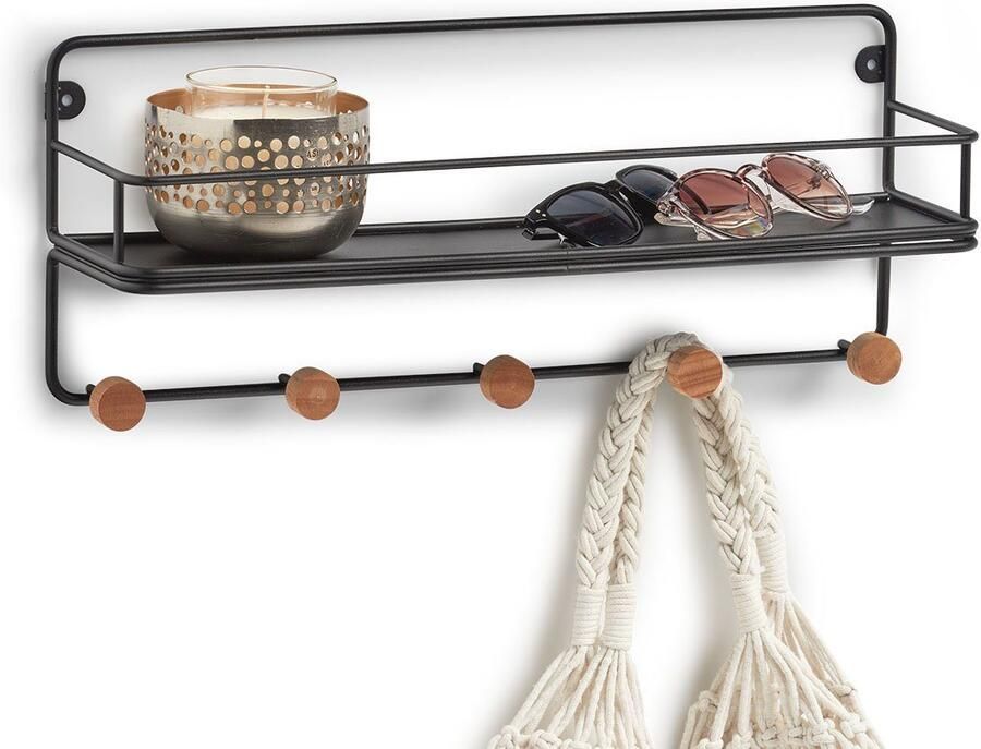 Zeller Present Decoratieve plank Wandrek m. haak metaal hout zwart Industrieel ontwerp met warme houten elementen (1 stuk) - Foto 2