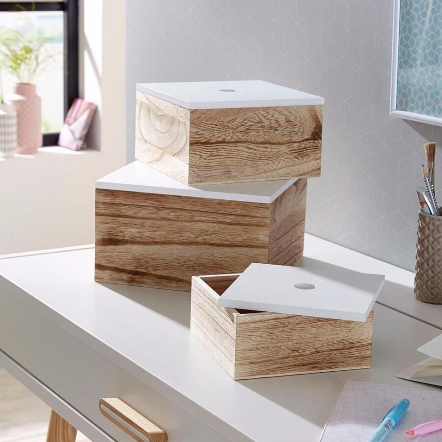 Zeller Present Opbergbox set van 3 hout wit naturel - Foto 2