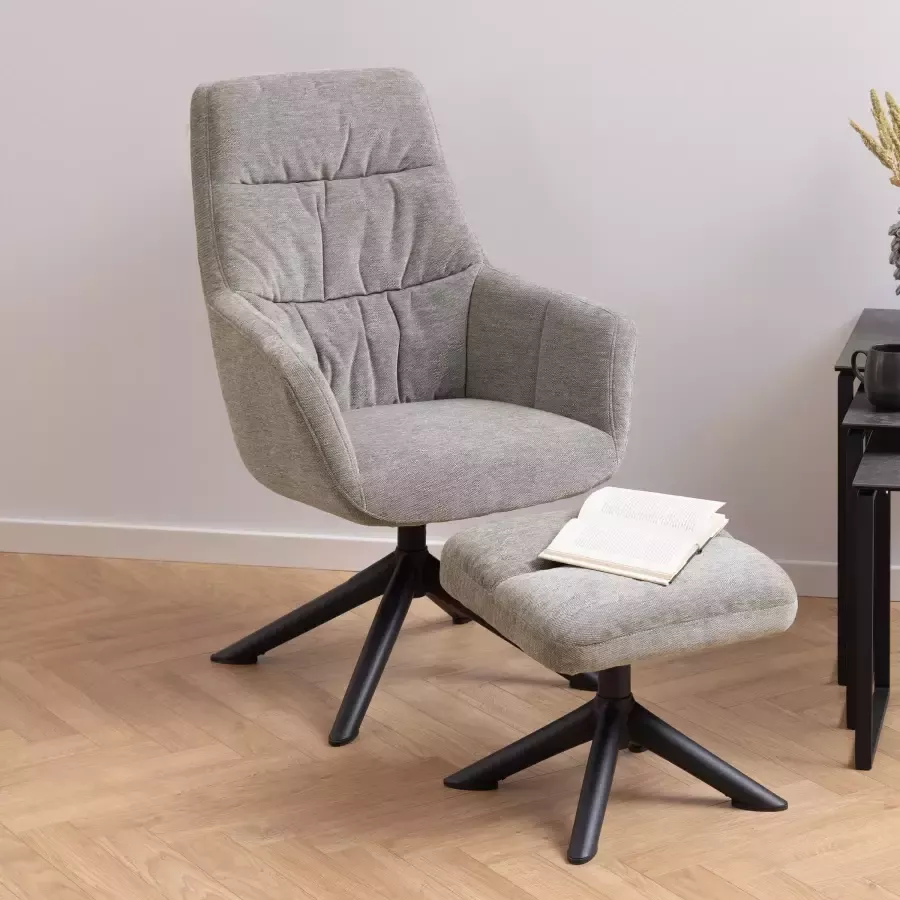 Hioshop Heal fauteuil loungestoel met voetenbankje grijs zwart.