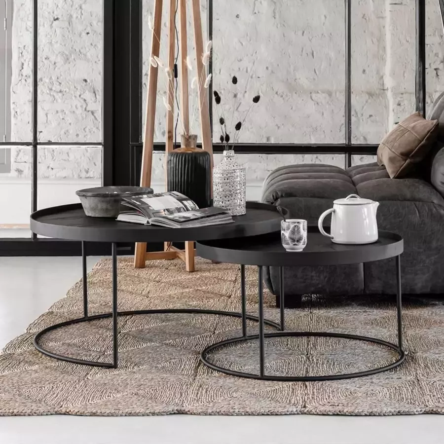 DTP Home Coffee table Mercurius BLACK set of 2 35xØ60 cm 40xØ80 cm set of 2 recycled teakwood