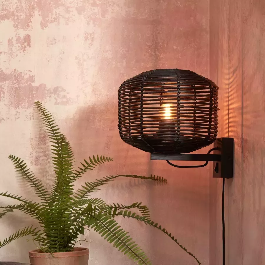 GOOD&MOJO Wandlamp Tanami Rotan Zwart Ø25cm