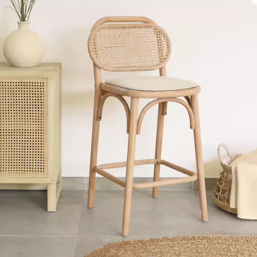 Kave Home Doriane 65 cm height solid oak stool with natural finish and upholstered seat - Foto 1