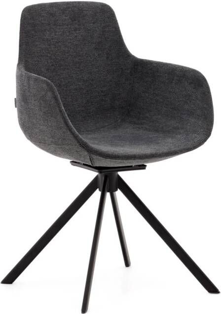 Kave Home Tissiana-stoel met terugdraaiende zitting in donkergrijze chenille en mat zwart aluminium