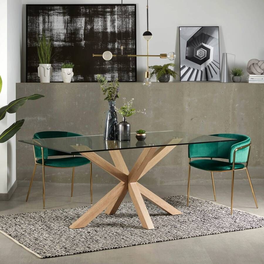 Kave Home Argo glazen tafel en stalen poten met houteffect 180 x 100 cm - Foto 1