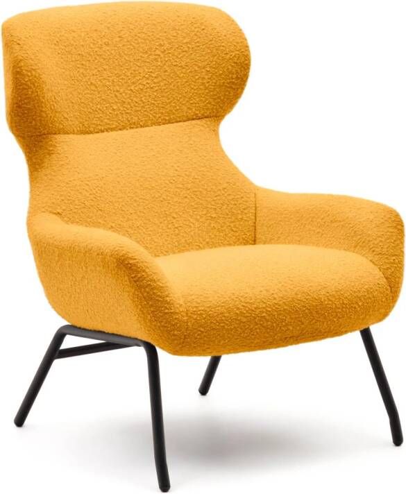 Kave Home Belina-fauteuil van mosterkleurige schapenvacht en zwarte staal