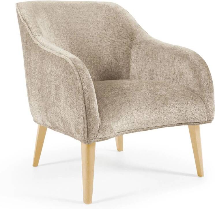 Kave Home Bobly fauteuil in beige chenille met houten poten en natuurlijke afwerking