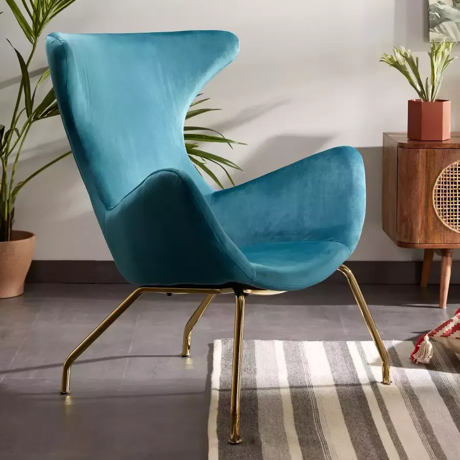 Kave Home Chleo fauteuil in turquoise fluweel met stalen gouden poten - Foto 1