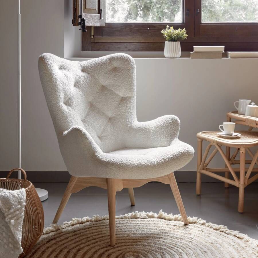 Kave Home Kody fauteuil met schapenvacht en massief beuken poten - Foto 1