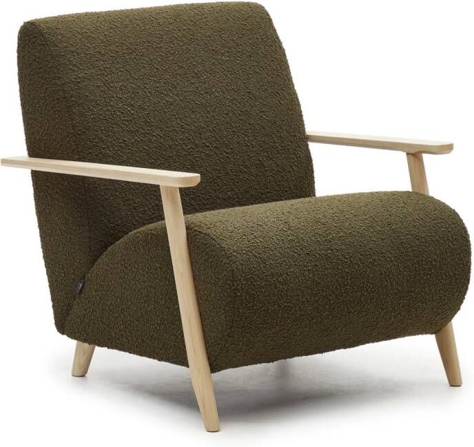 Kave Home Meghan fauteuil van groen fleece met massief essenhouten poten in natuurlijke afwerking - Foto 3