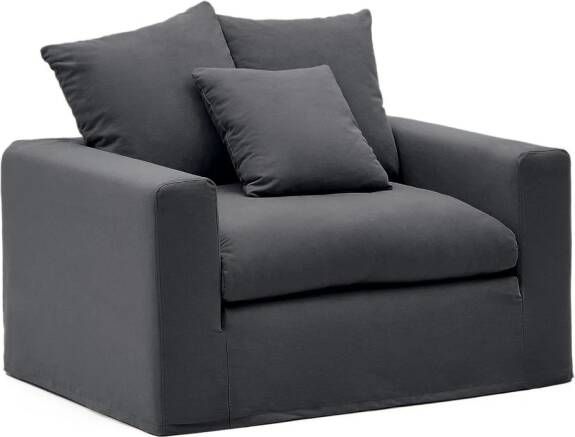 Kave Home Fauteuil Nora met kussen met afneembare hoes van grijsantraciet linnen en katoen 140 cm - Foto 2