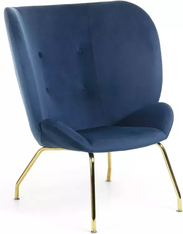 Kave Home Violet fauteuil in fluweelblauw en gouden stalen poten