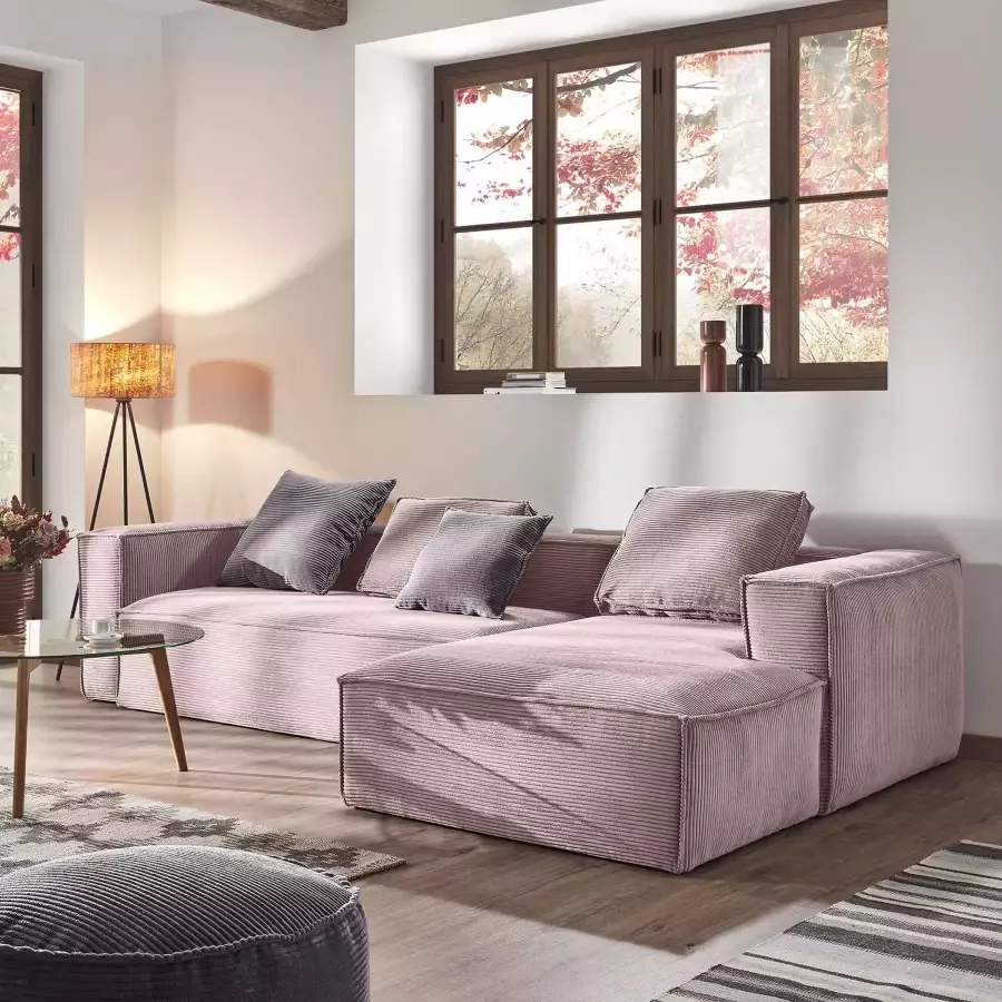 Kave Home 4-zitsbank Blok roze corduroy met chaise longue rechts 330 cm