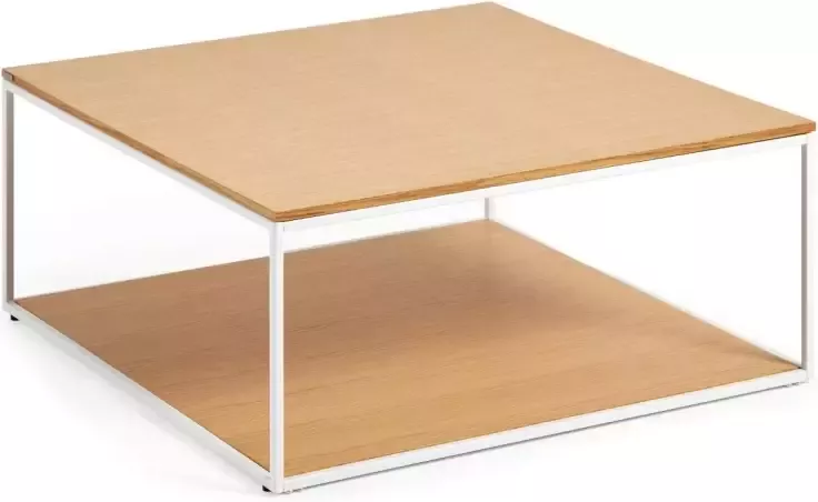 Kave Home Yoana salontafel met eikenfineer tafelblad en onderstel wit metalen onderstel 80 x 80 cm