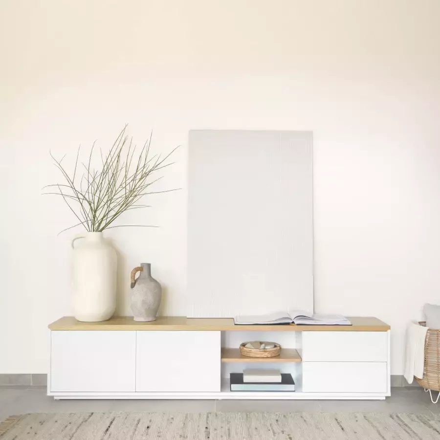 Kave Home Abilen eikenfineer TV-meubel met 2 deuren en 2 lades in witte lak 200 x 44 cm FSC 100% - Foto 1