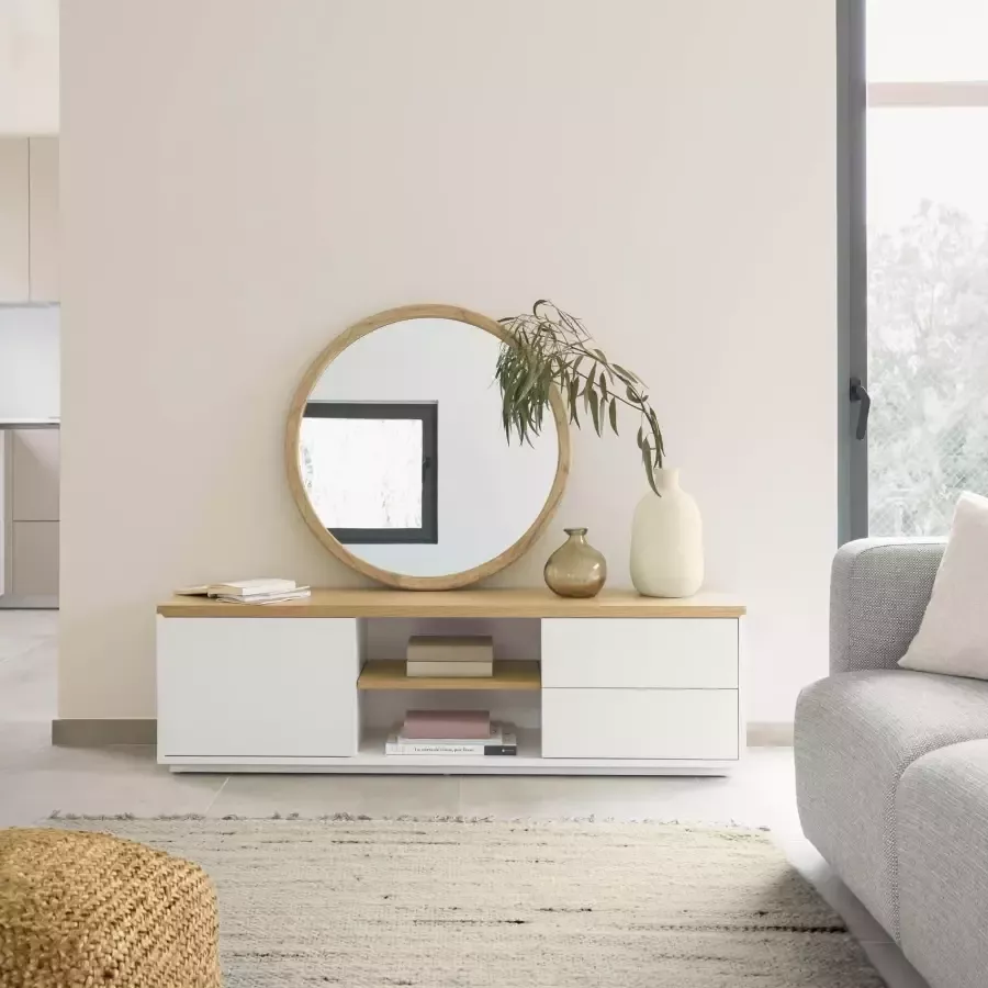 Kave Home Abilen wit gelakt tv-meubel van eikenfineer met 1 deur & 2 lades 150 x 44 cm fsc 100% - Foto 1